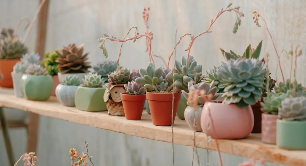 A variety of potted indoor plants by a sunlit window on a wooden shelf