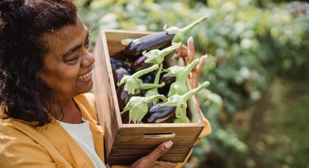 Middle-aged woman joyfully holding a crate of fresh eggplants in a lush outdoor garden. 
