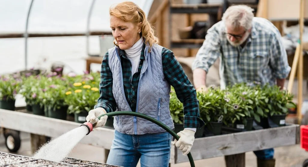 Elderly woman tending to garden plants outdoors in springtime.