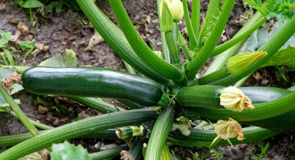 Person harvesting a medium-sized zucchini from the plant with a knife