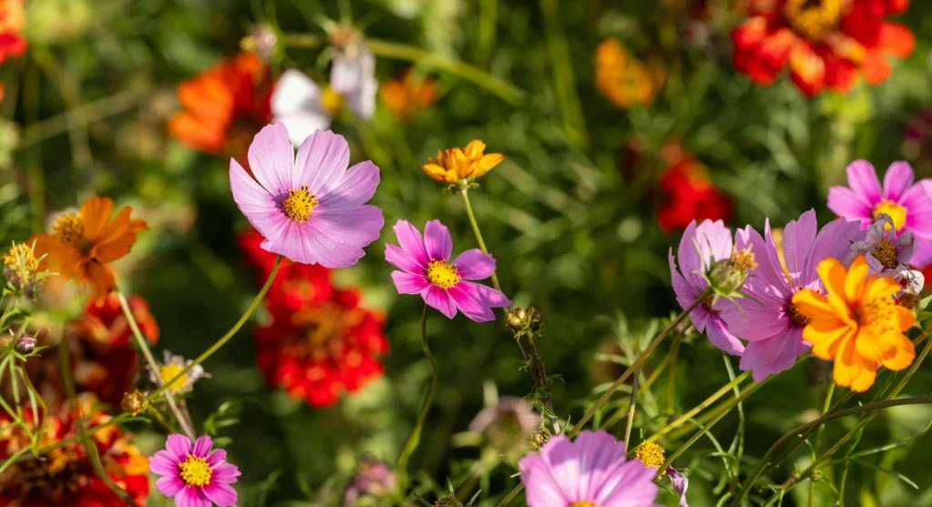 Colorful mixed flower garden with zinnias, marigolds, and cosmos blooming together