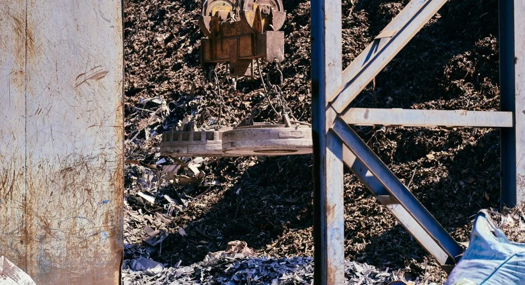 Wire mesh bin containing a pile of shredded leaves for leaf mold production