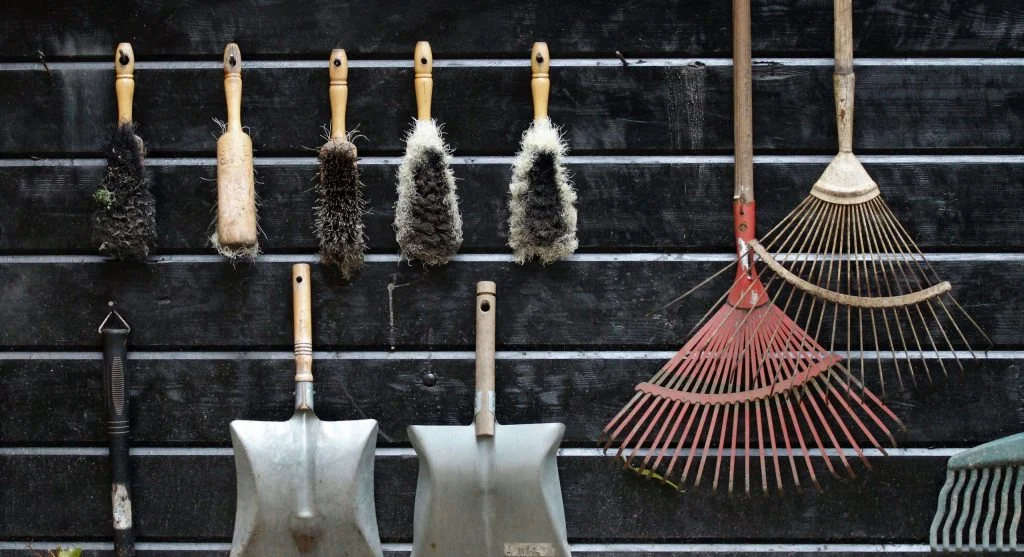 Clean garden tools hanging organized in a shed or on a pegboard, ready for winter