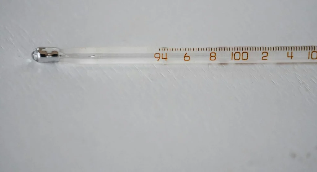 Outdoor thermometer showing temperature near freezing in a garden setting