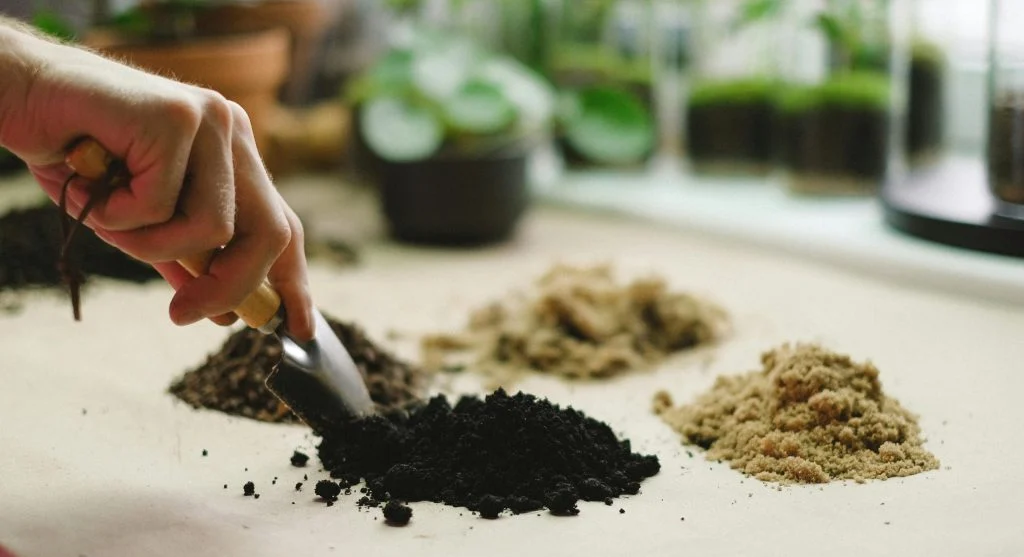 Compost being mixed into light, sandy garden soil with a garden fork