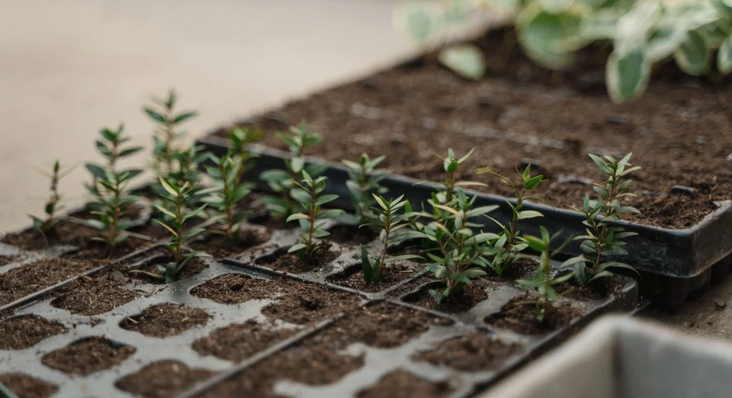 Compact seed starting station in a small space with healthy seedlings growing